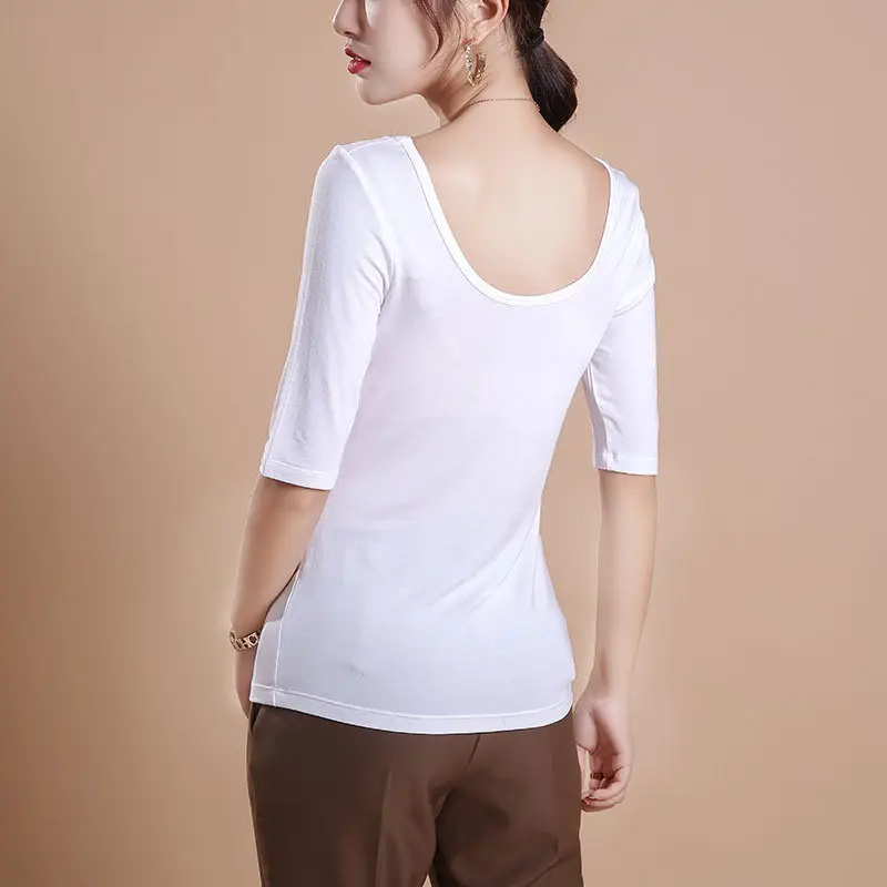 Women's White Double U-Collar T-Shirt Long Sleeve Base