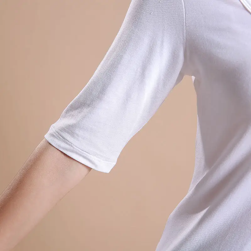 Women's White Double U-Collar T-Shirt Long Sleeve Base