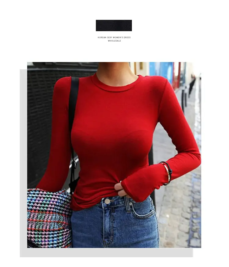 Red Long Sleeve Slim Fit T-Shirt for Women — feature 1
