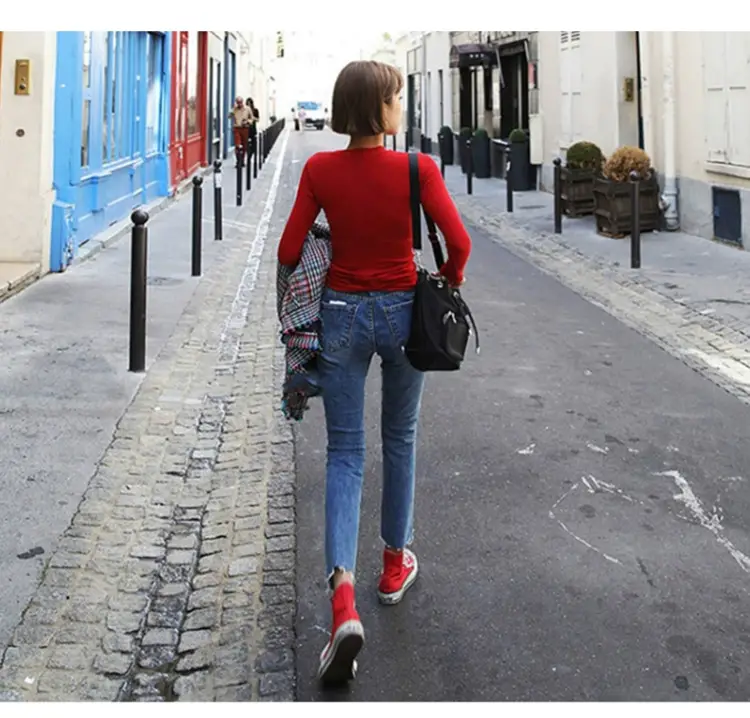 Red Long Sleeve Slim Fit T-Shirt for Women — feature 11