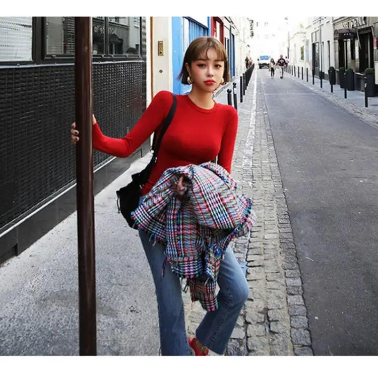 Red Long Sleeve Slim Fit T-Shirt for Women — feature 12