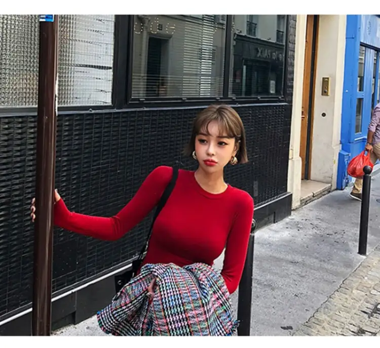 Red Long Sleeve Slim Fit T-Shirt for Women — feature 13
