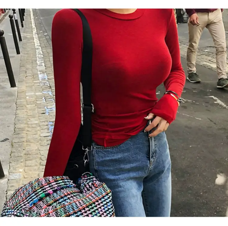 Red Long Sleeve Slim Fit T-Shirt for Women — feature 14