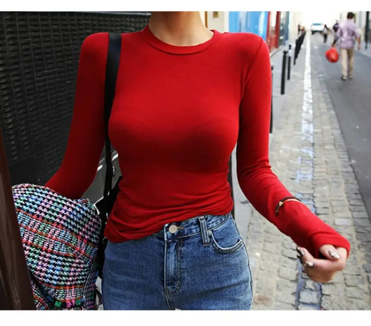 Red Long Sleeve Slim Fit T-Shirt for Women — feature 15
