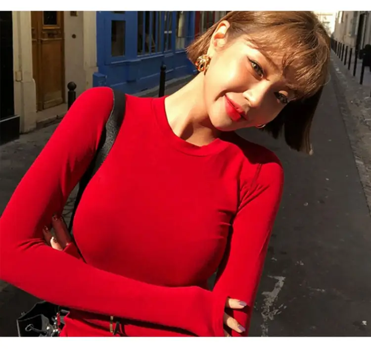 Red Long Sleeve Slim Fit T-Shirt for Women — feature 16
