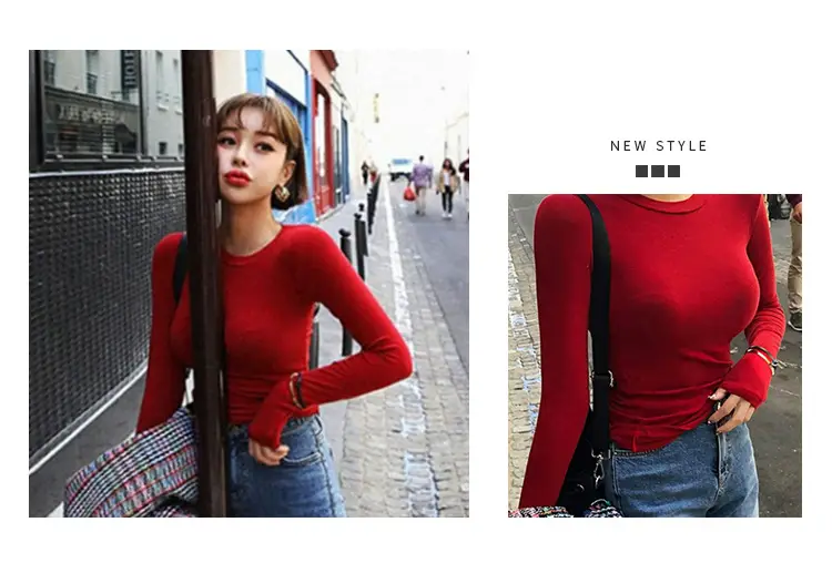 Red Long Sleeve Slim Fit T-Shirt for Women — feature 2