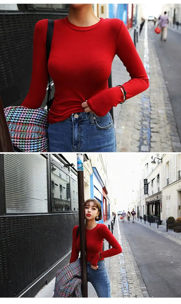 Red Long Sleeve Slim Fit T-Shirt for Women — feature 7