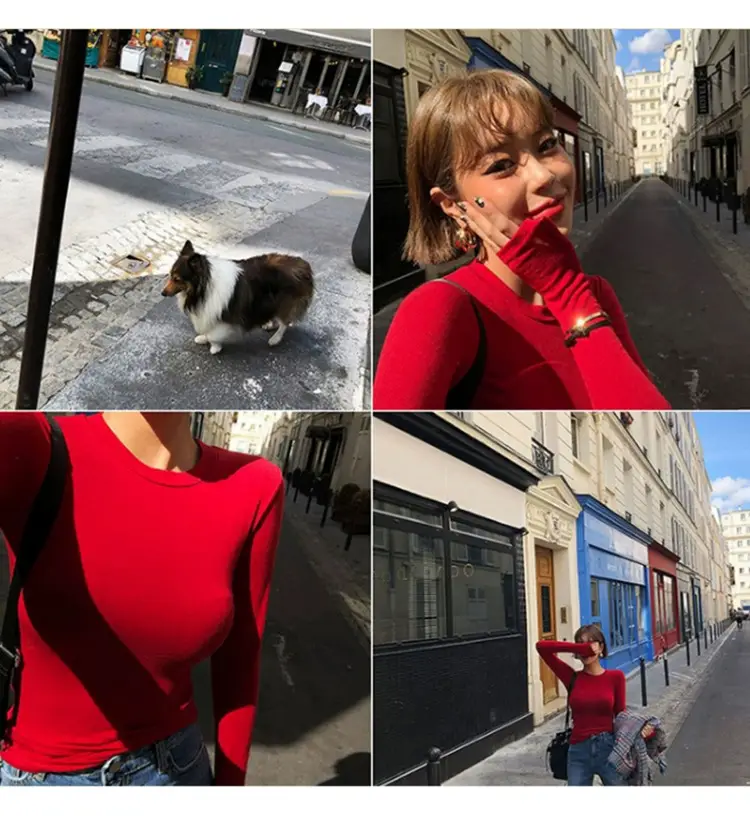 Red Long Sleeve Slim Fit T-Shirt for Women — feature 9
