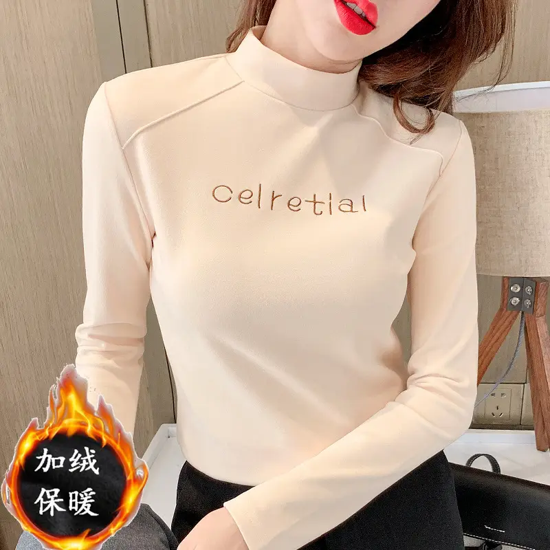 Women Fleece Lined Warm Half-High Collar T-Shirt Brown - Image 5
