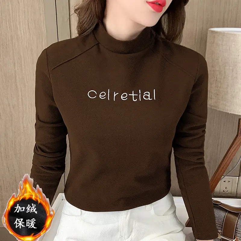 Women Fleece Lined Warm Half-High Collar T-Shirt Brown - Image 7