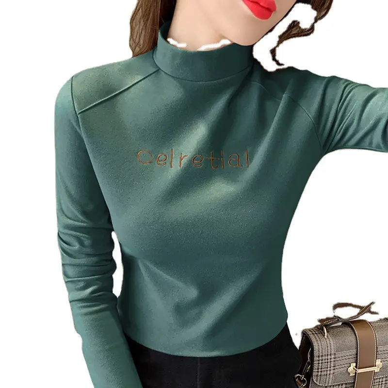 Women Fleece Lined Warm Half-High Collar T-Shirt Brown - Image 9