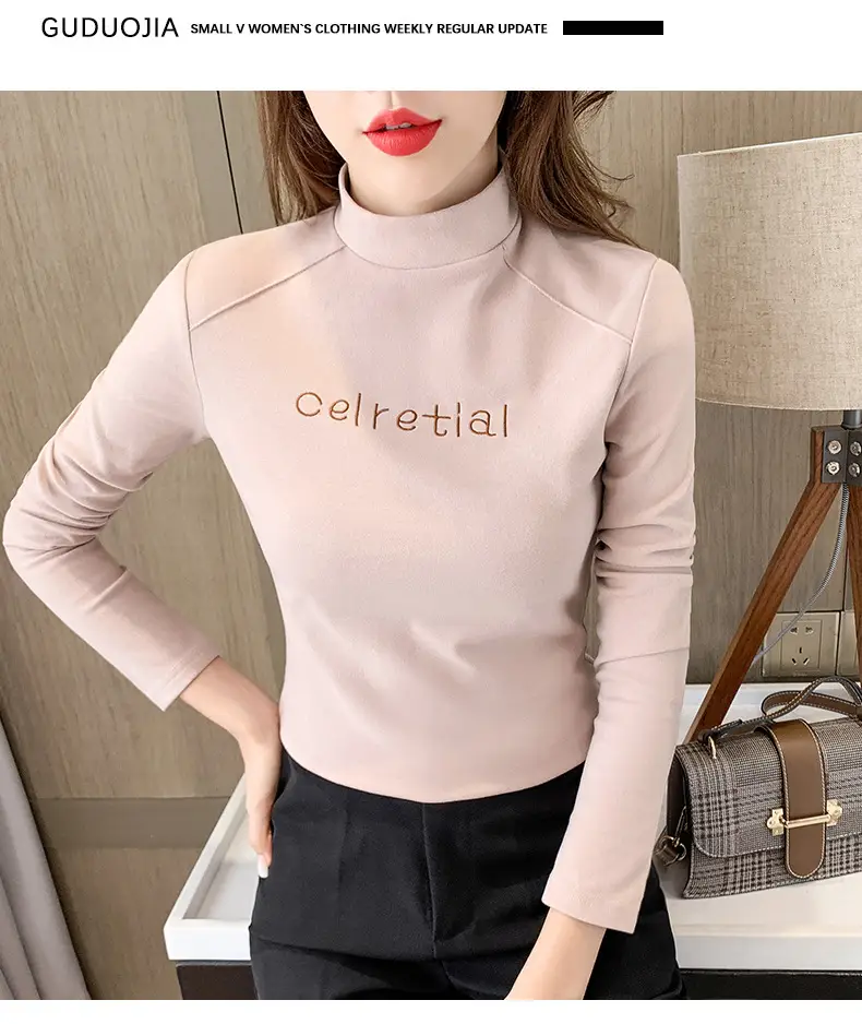Women Fleece Lined Warm Half-High Collar T-Shirt Brown — feature 11