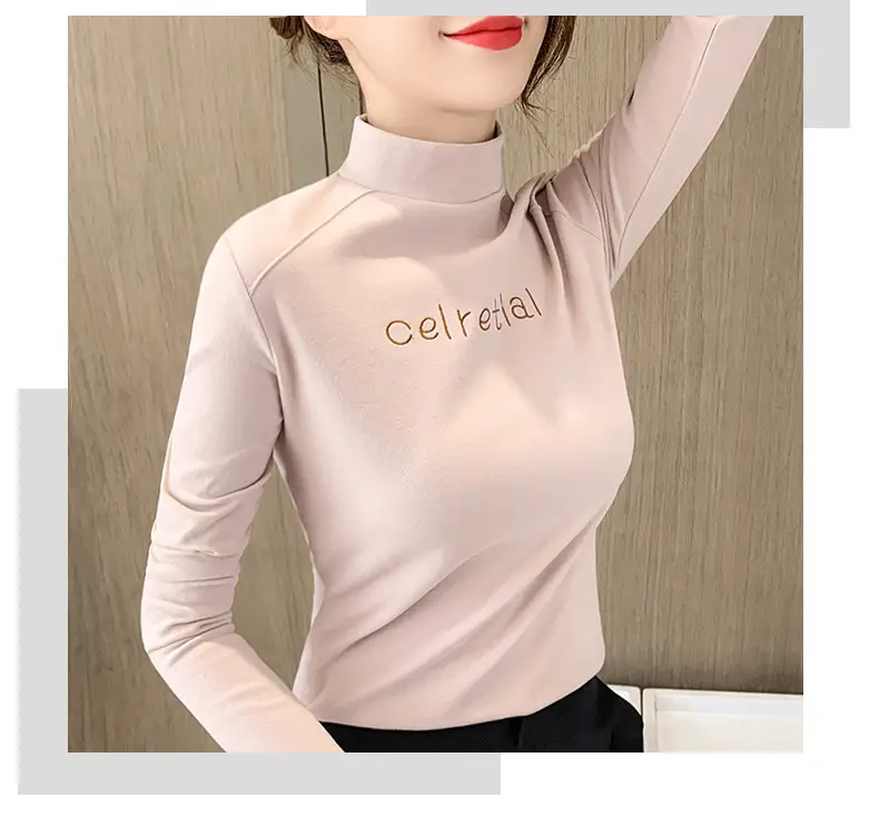 Women Fleece Lined Warm Half-High Collar T-Shirt Brown — feature 13
