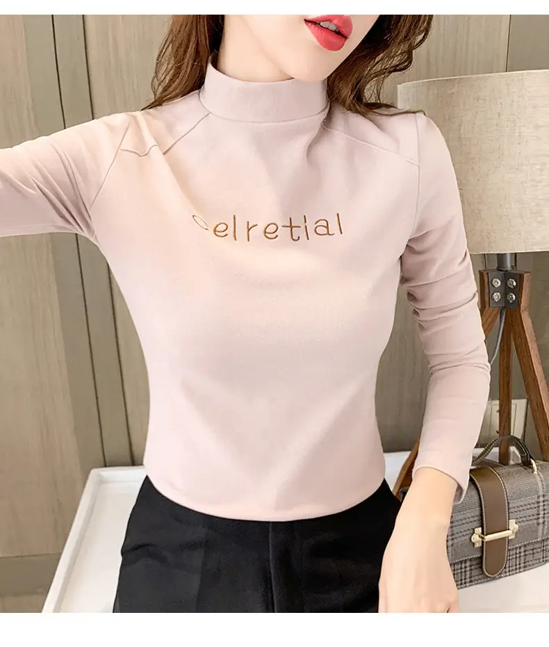 Women Fleece Lined Warm Half-High Collar T-Shirt Brown — feature 14