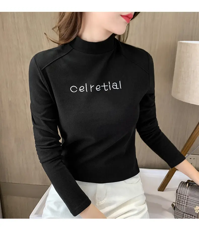 Women Fleece Lined Warm Half-High Collar T-Shirt Brown — feature 15