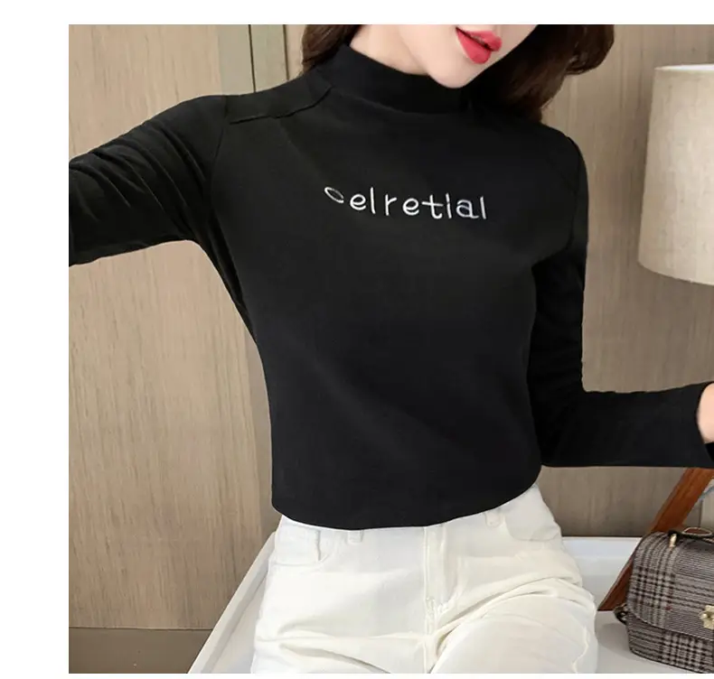 Women Fleece Lined Warm Half-High Collar T-Shirt Brown — feature 16