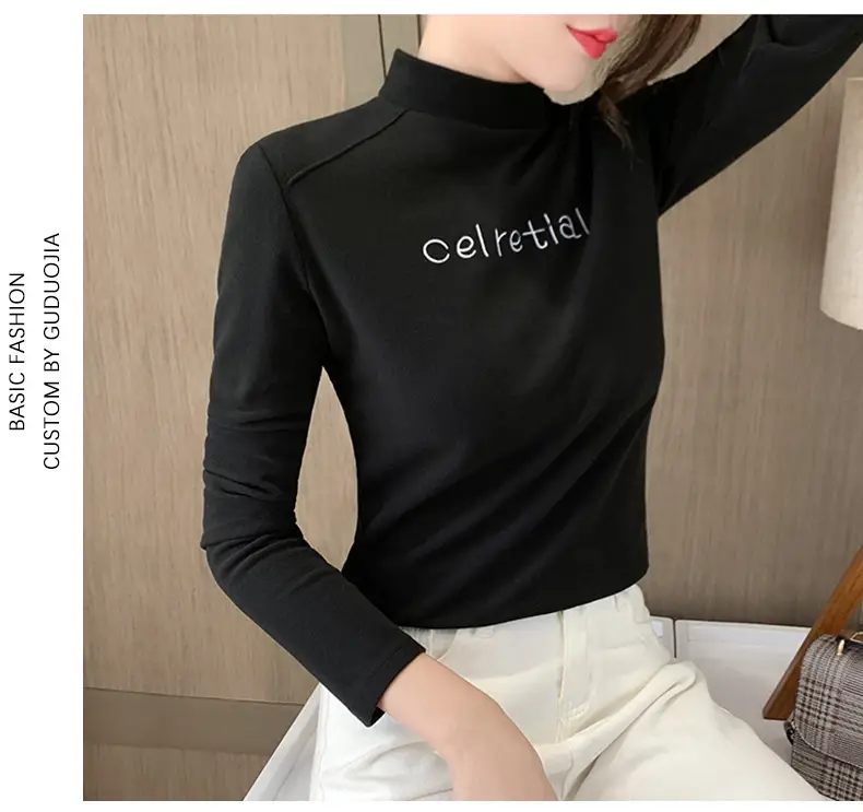 Women Fleece Lined Warm Half-High Collar T-Shirt Brown — feature 17