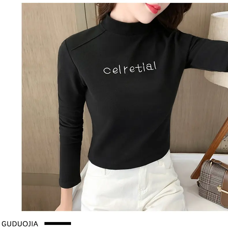 Women Fleece Lined Warm Half-High Collar T-Shirt Brown — feature 18