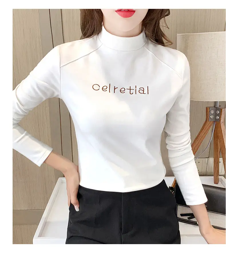 Women Fleece Lined Warm Half-High Collar T-Shirt Brown — feature 20