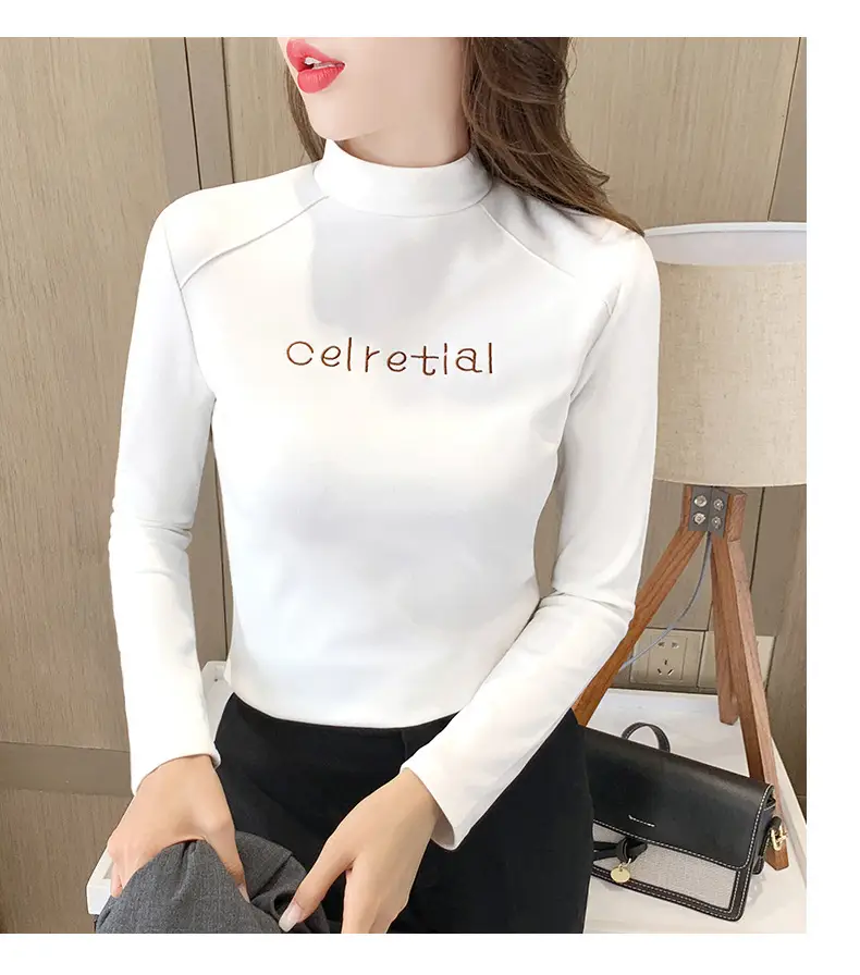 Women Fleece Lined Warm Half-High Collar T-Shirt Brown — feature 21