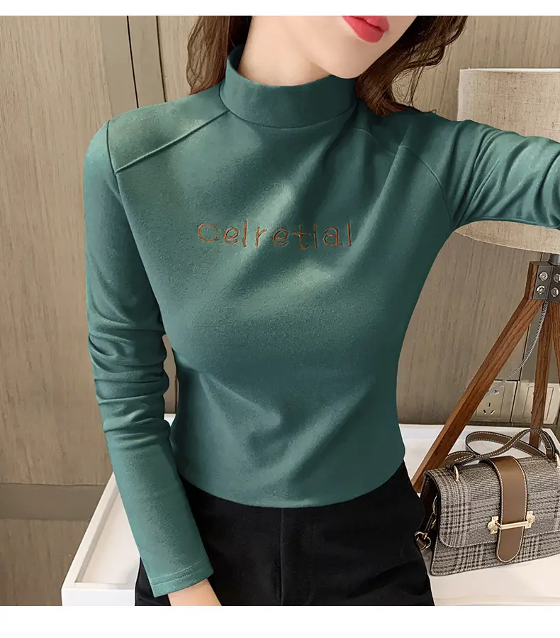 Women Fleece Lined Warm Half-High Collar T-Shirt Brown — feature 23