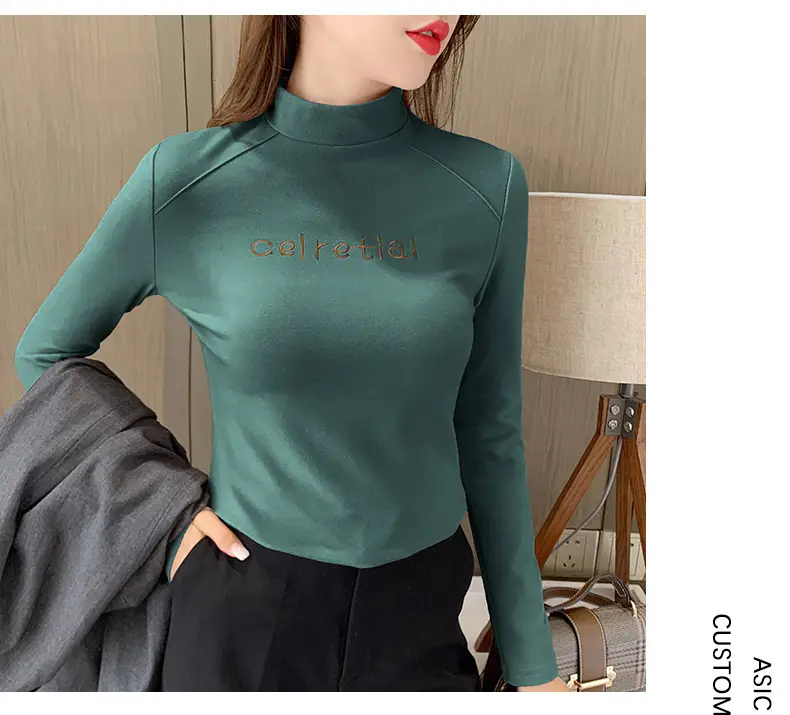 Women Fleece Lined Warm Half-High Collar T-Shirt Brown — feature 24