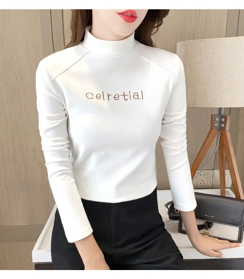 Women Fleece Lined Warm Half-High Collar T-Shirt Brown — feature 26