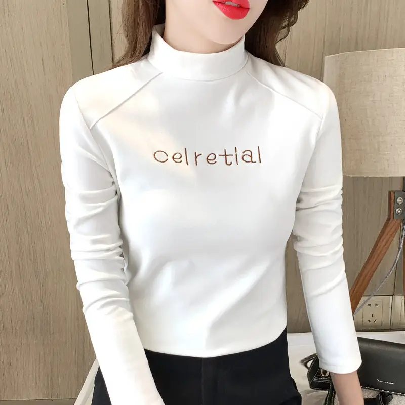 Women Fleece Lined Warm Half-High Collar T-Shirt Brown — feature 28