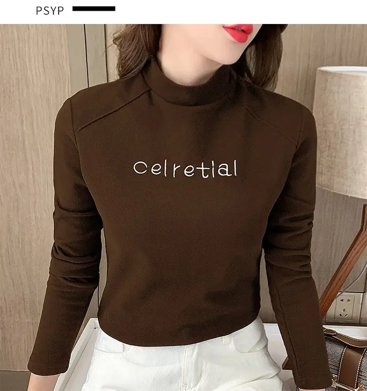 Women Fleece Lined Warm Half-High Collar T-Shirt Brown — feature 4