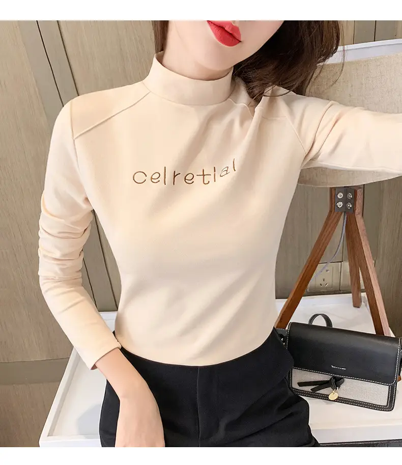 Women Fleece Lined Warm Half-High Collar T-Shirt Brown — feature 7