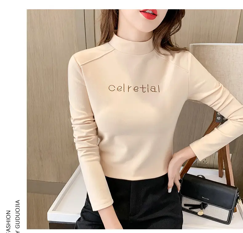 Women Fleece Lined Warm Half-High Collar T-Shirt Brown — feature 8
