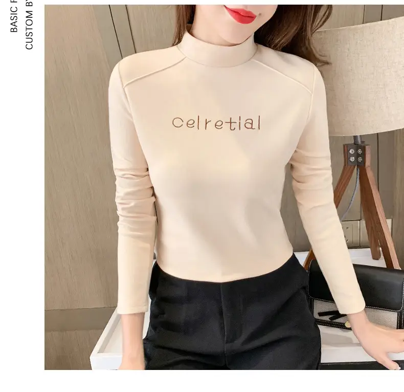Women Fleece Lined Warm Half-High Collar T-Shirt Brown — feature 9