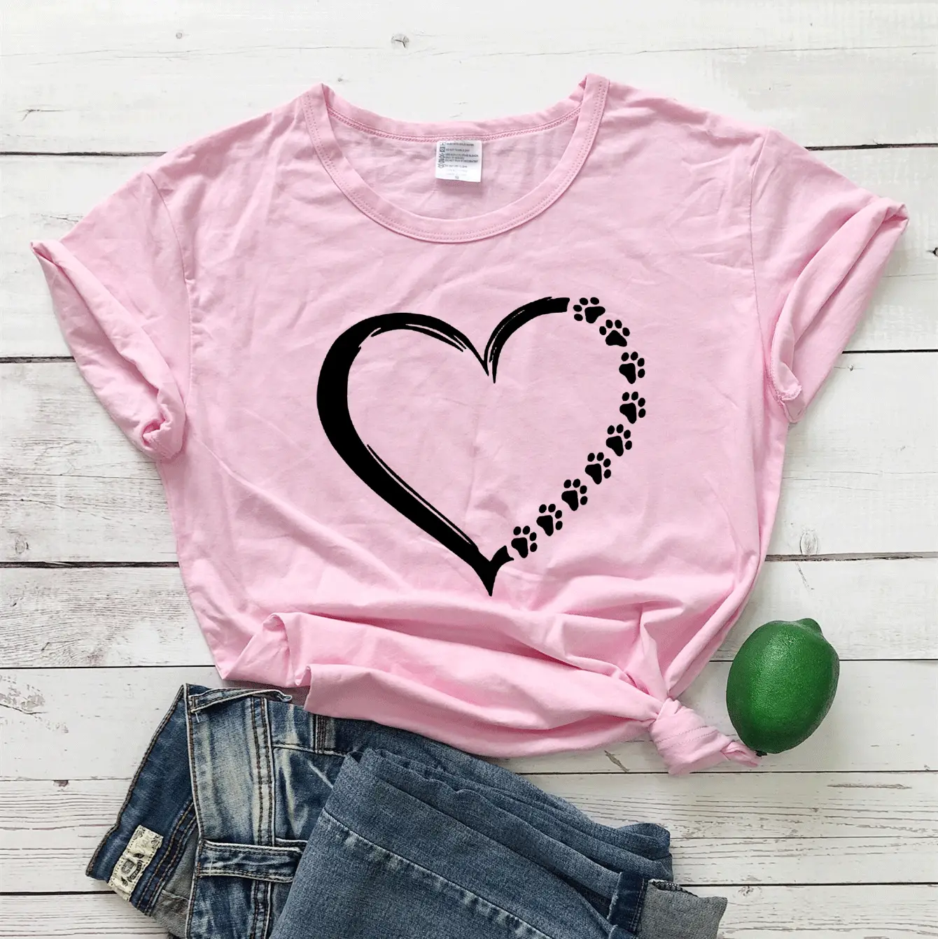 Pink Heart Print Short Sleeve T-Shirt for Women - Image 6