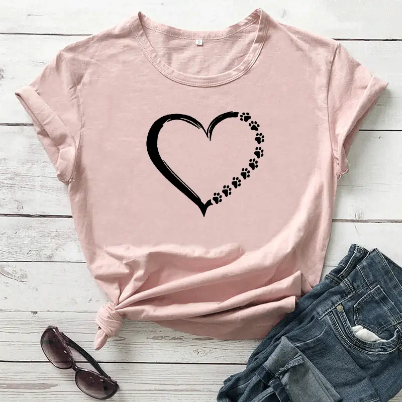 Pink Heart Print Short Sleeve T-Shirt for Women - Image 7