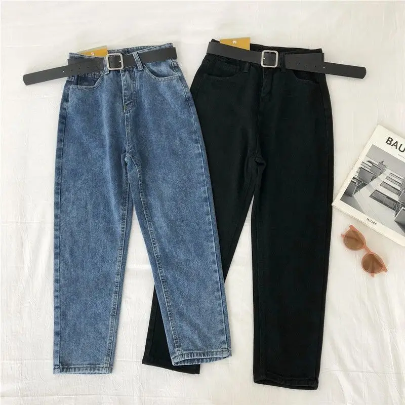 Women's Blue Denim Straight Pants Slimming High Waist 2020 - Image 8