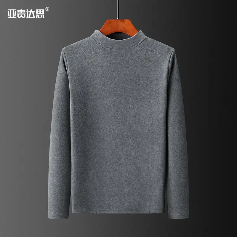 Men's Grey Velvet Half-Turtleneck T-Shirt Winter Warm - Image 2