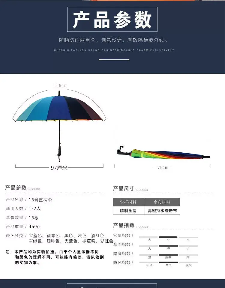 16-Rib Extra Large Black Umbrella with Long Handle — feature 11