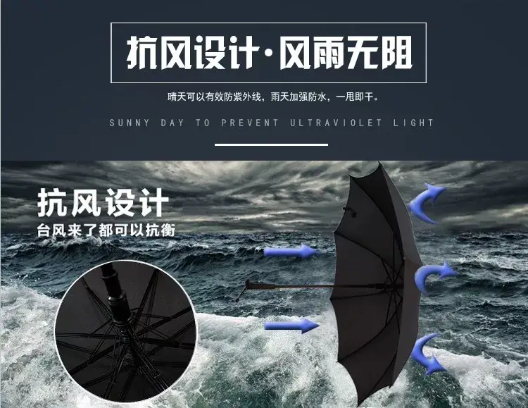 16-Rib Extra Large Black Umbrella with Long Handle — feature 2