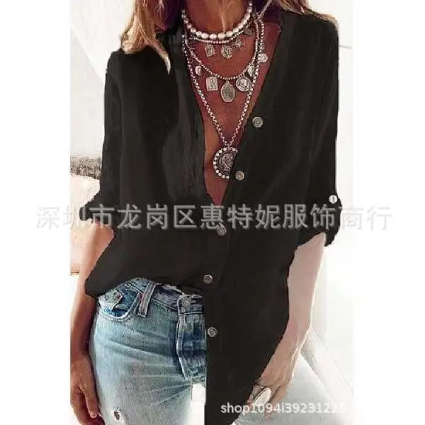 2020 Women's Black V-Neck Long Sleeve Button Down Shirt - Image 3