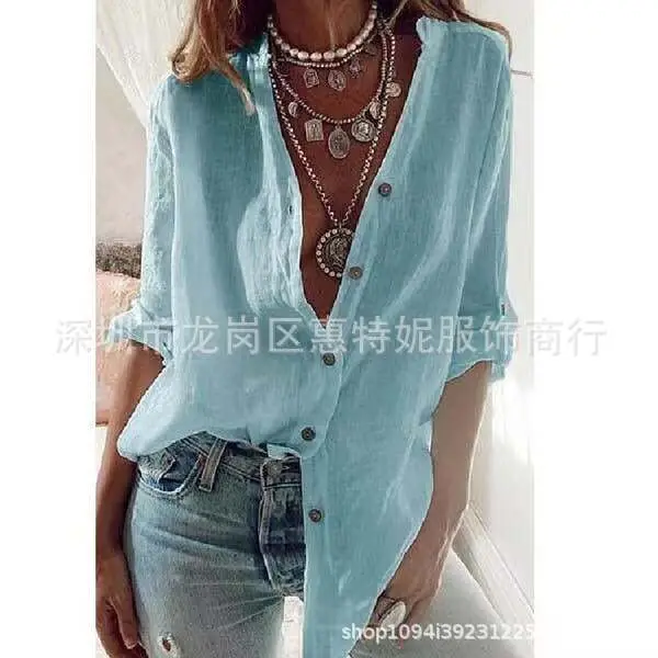 2020 Women's Black V-Neck Long Sleeve Button Down Shirt - Image 4