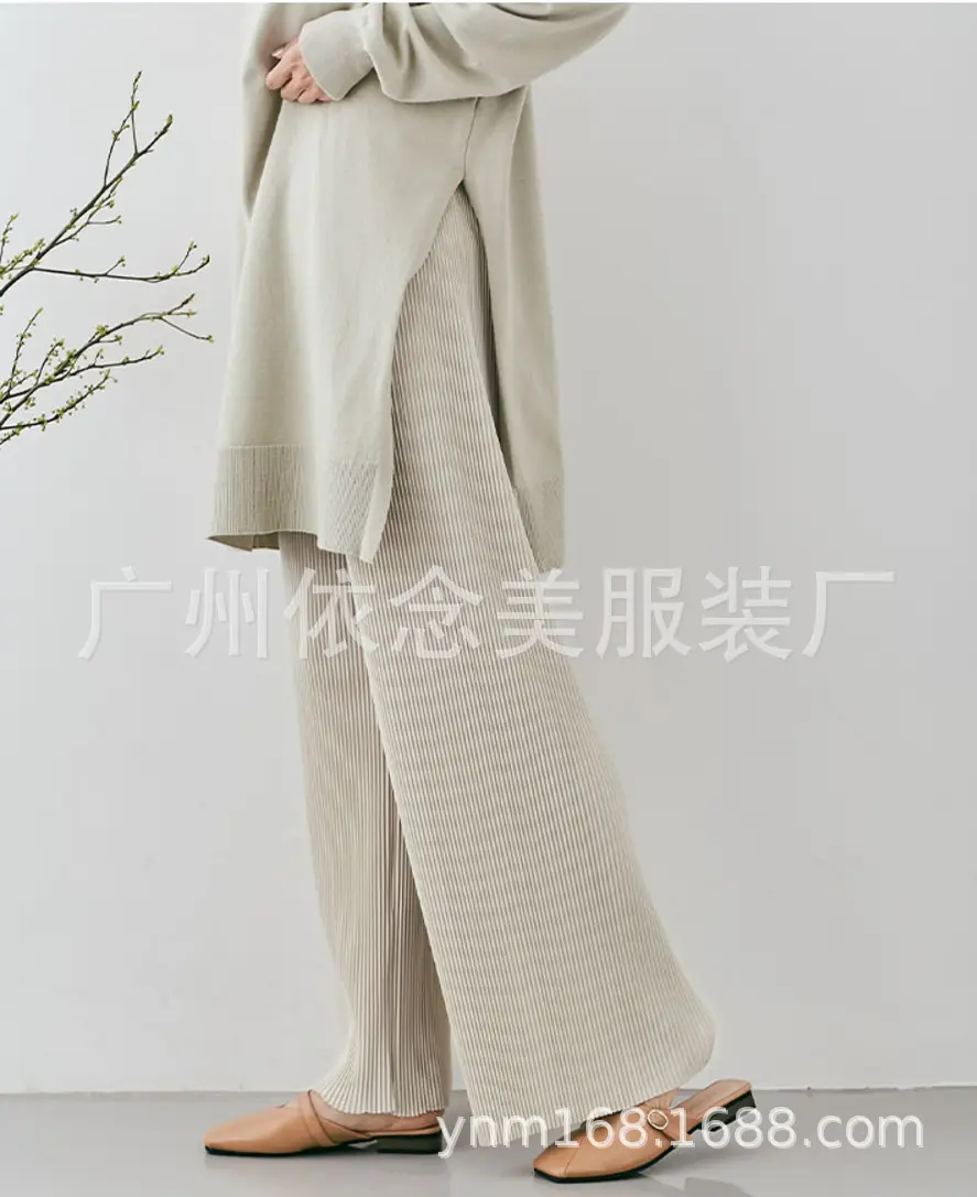 Women 2025 Wide Leg Pants Set Light Green Knit - Image 13