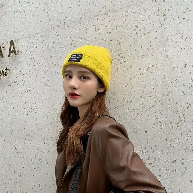 Women Yellow Knitted Patch Hat for Winter Warm Woolen