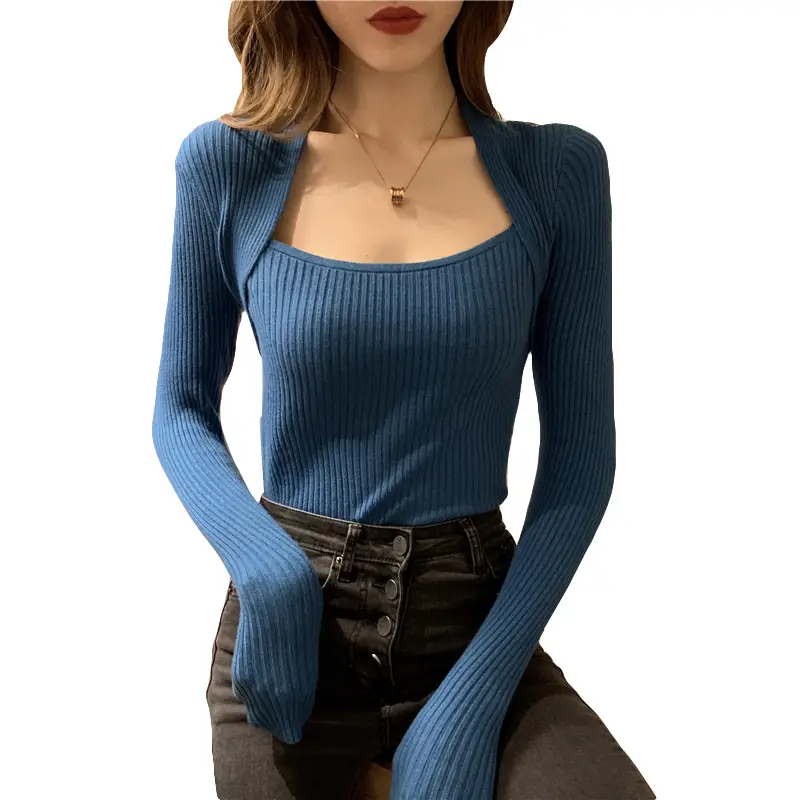 Women Blue Ribbed Long Sleeve Sweater Top - Image 12