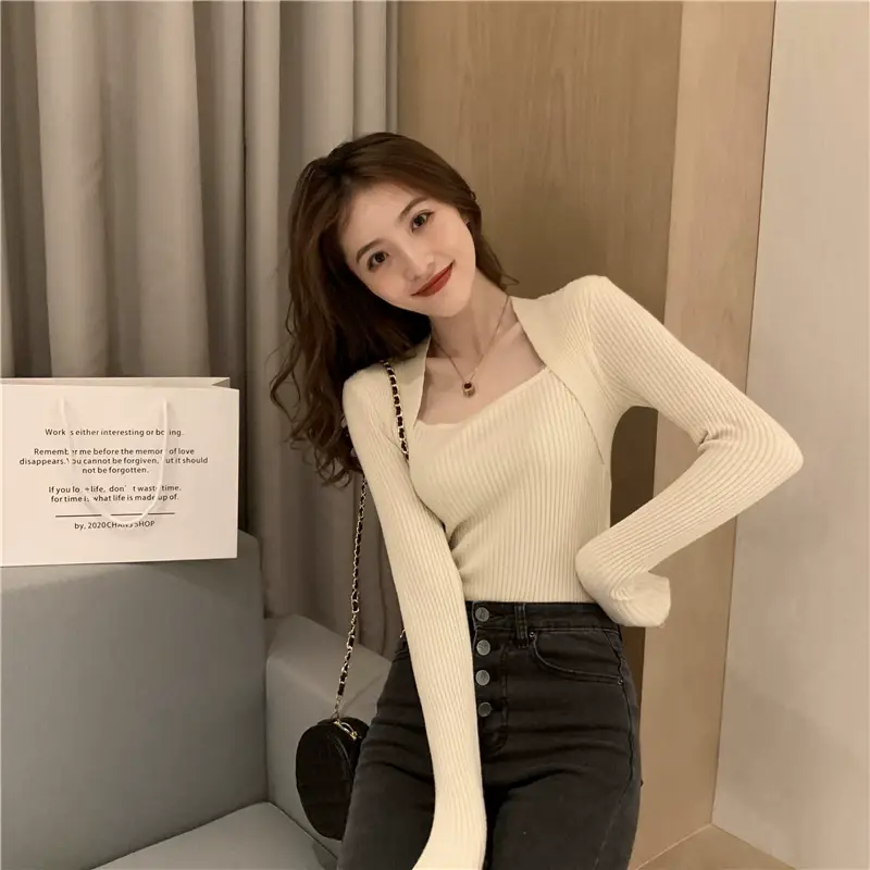 Women Blue Ribbed Long Sleeve Sweater Top — feature 18