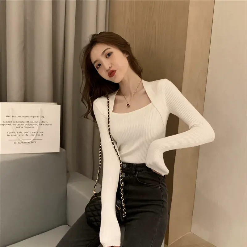 Women Blue Ribbed Long Sleeve Sweater Top — feature 46