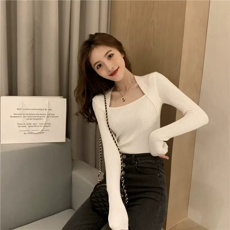 Women Blue Ribbed Long Sleeve Sweater Top — feature 48
