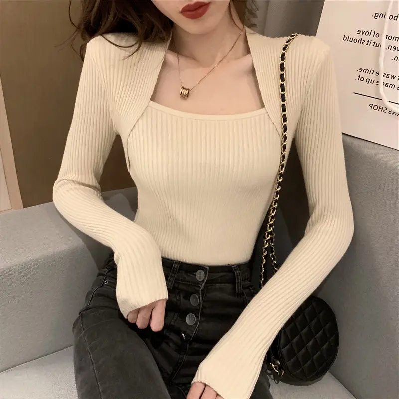 Women Blue Ribbed Long Sleeve Sweater Top - Image 4