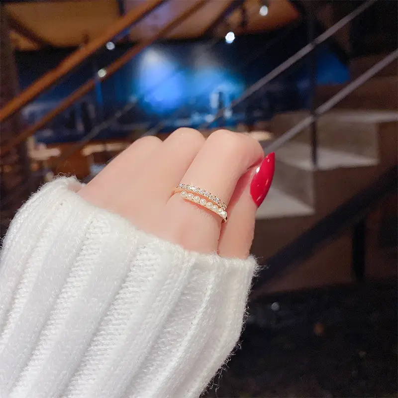 Golden Pearl Ring with Crystal Accents for Women