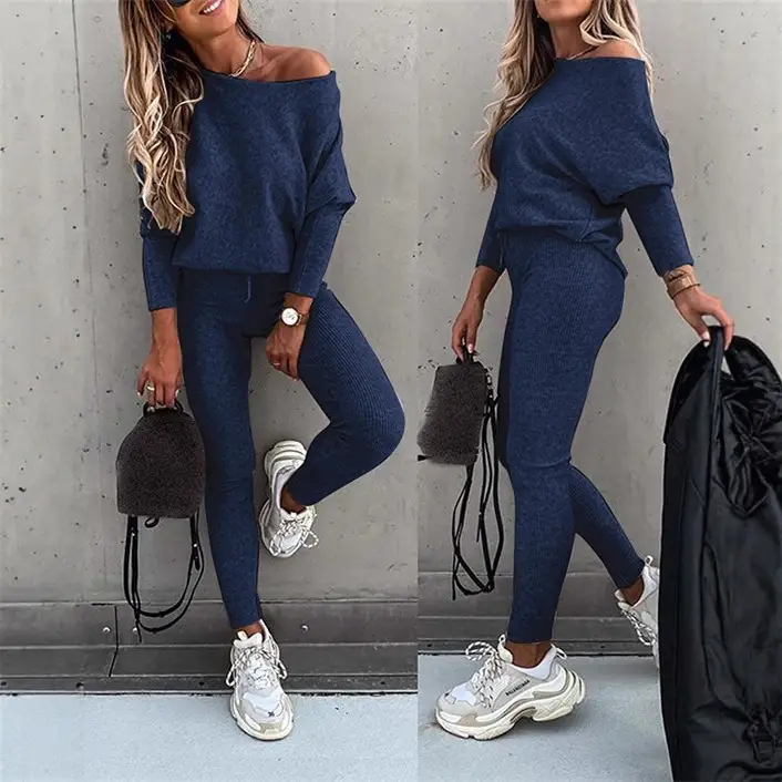 Women 2026 Off-Shoulder Sweatpants Set Solid Gray - Image 11
