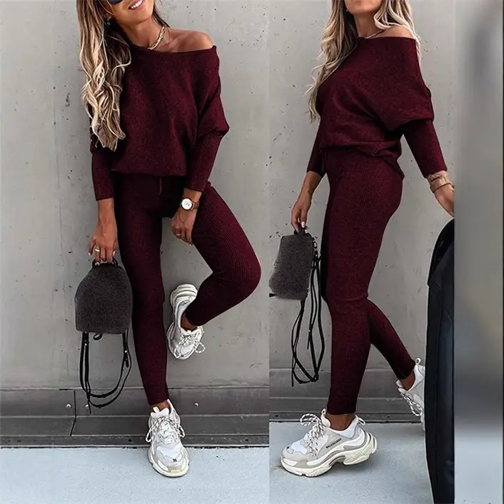 Women 2026 Off-Shoulder Sweatpants Set Solid Gray - Image 12